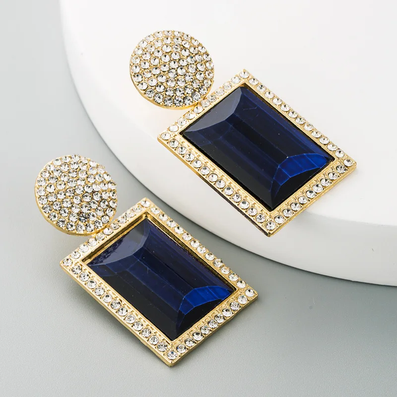 Wholesale Fashion Glass Dangle Earrings For Women Shiny Rhinestone Square Pendant Drop Ear Jewelry Girl Gifts