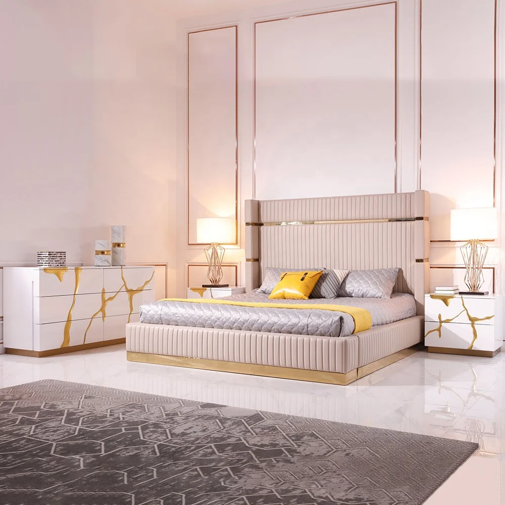 Beige Modern Queen Bedroom Furniture Set Cabinets Custom Bedroom Furniture Sets with Velvet Upholstered Platform Bed