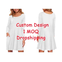 Hawaiian Flower Tribal Tattoo Design Style Women Dresses Casual Summer Long Sleeve O-Neck T-Shirt Loose Dress with Pockets