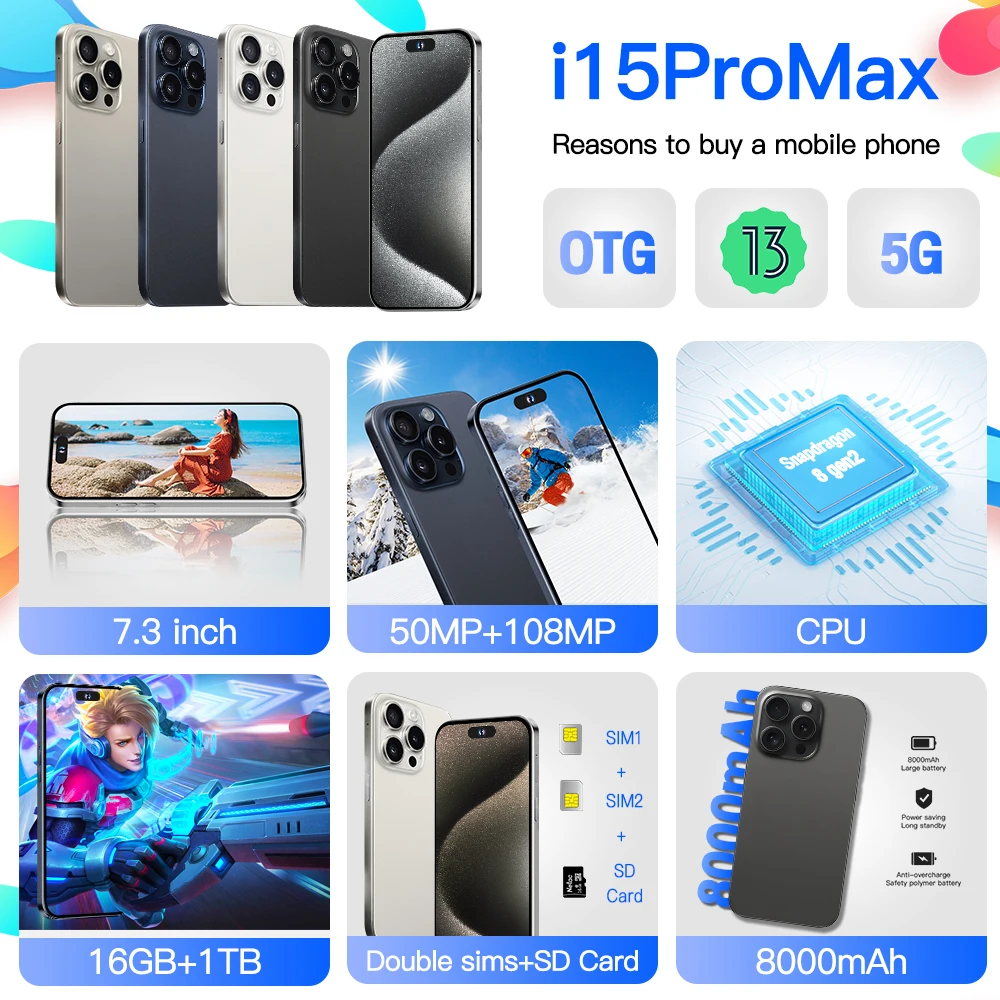 15 Pro Max 6 54 дюймов полноэкранный Wi-Fi GPS I15 смартфон ГБ + 128 Android 4G 5G мобильный телефон