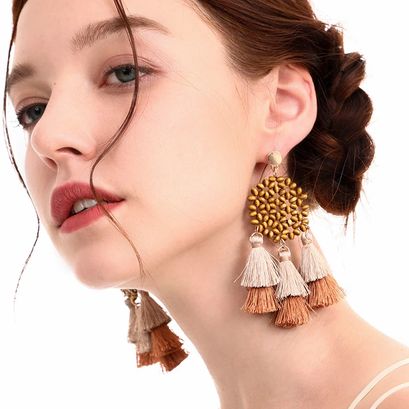 
New Arrival Long Large Tassel Earrings Statement Bohemian Wooden Bamboo Drop Earrings for Women 