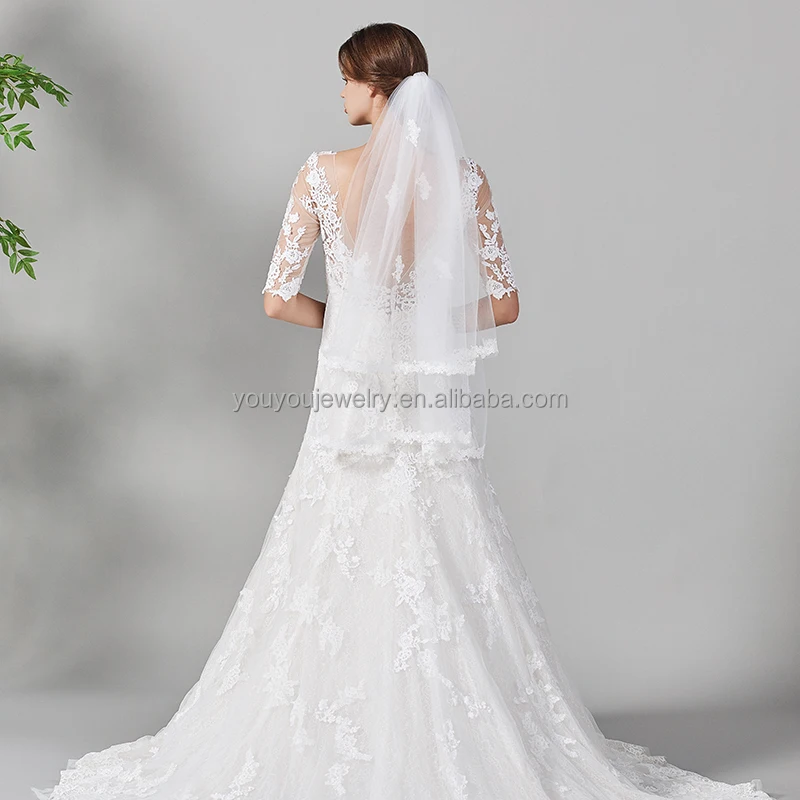 Wholesale Two-Layer Church Cathedral Long Bridal Veil Soft Tulle Embroidery Flower Wedding Veil With Comb