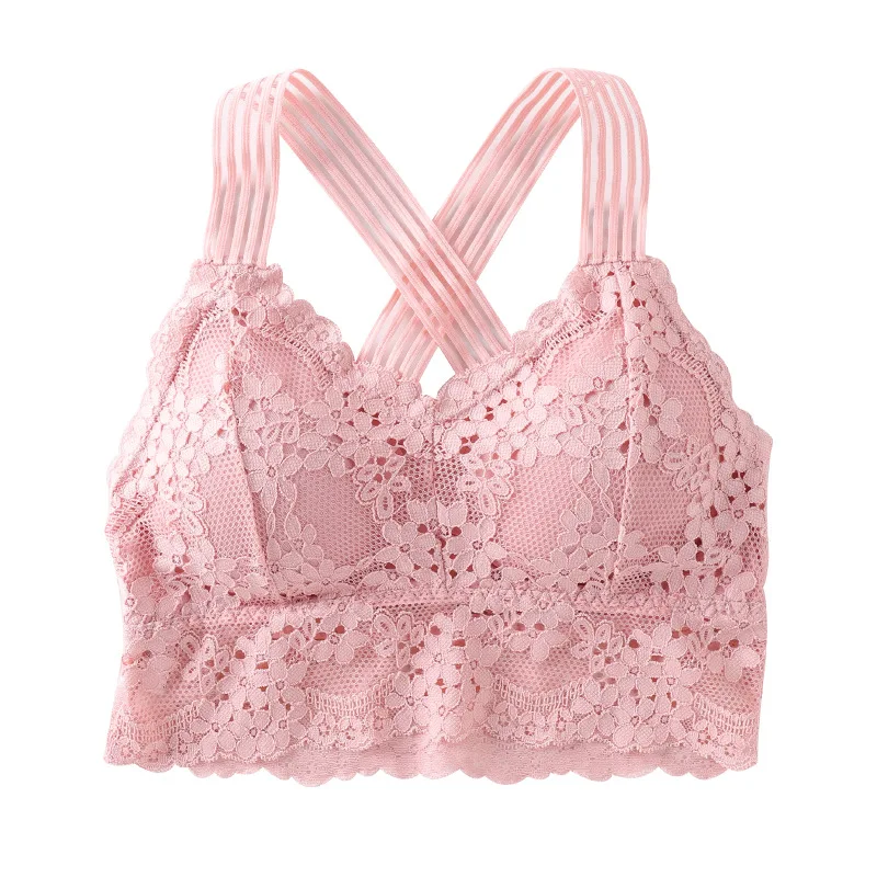 Lace Bralette Halter Bras Criss-cross Back Lace Bra Half Cup Bra Free Size Young Girls Sexy Plain Dyed Padded Deep V Neck Women