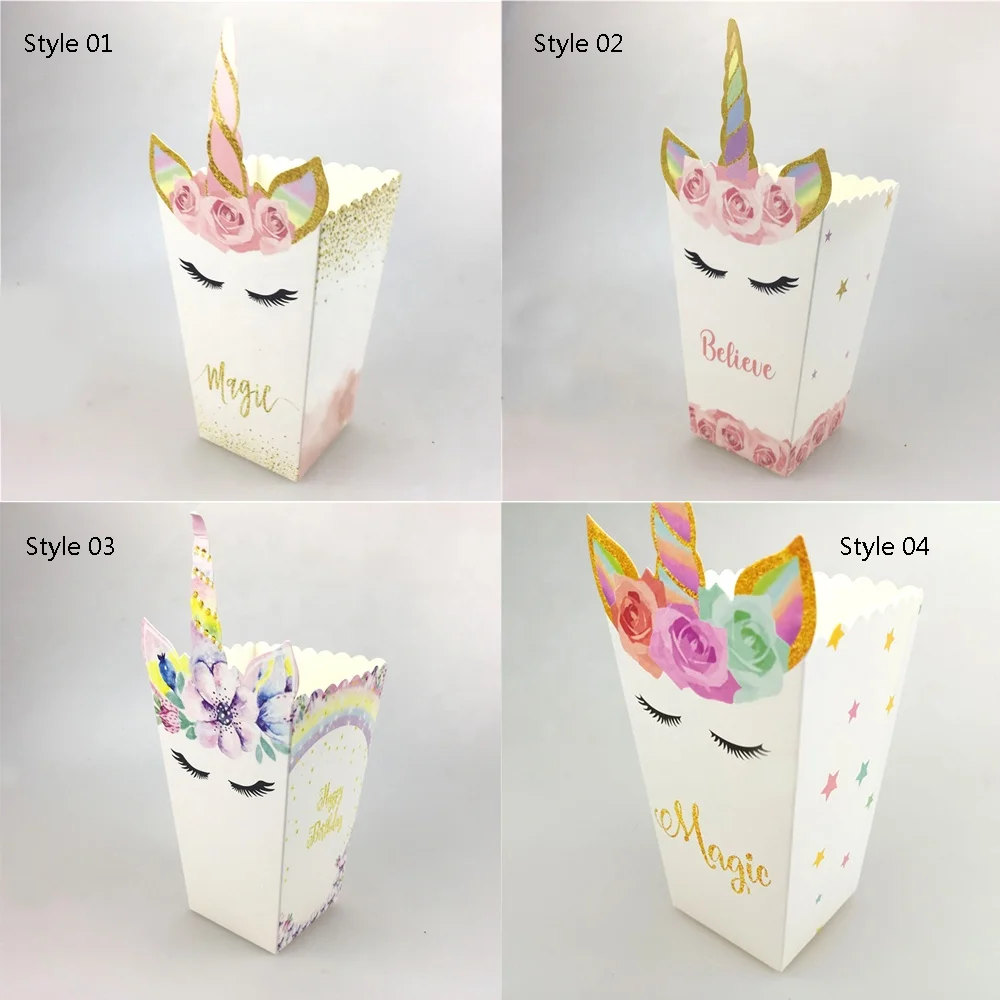 12 Pcs/Pack Cartoon Cartoons Unicorn Popcorn Paper Food Packaging Box Boxes for Happy Birthday Party Decor