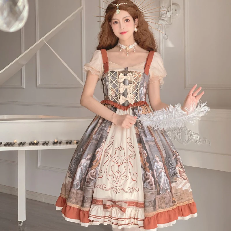 Girls lolita dresses Oil painting print OP lolita cosplay vintage dress fashion elegant lolita dress women
