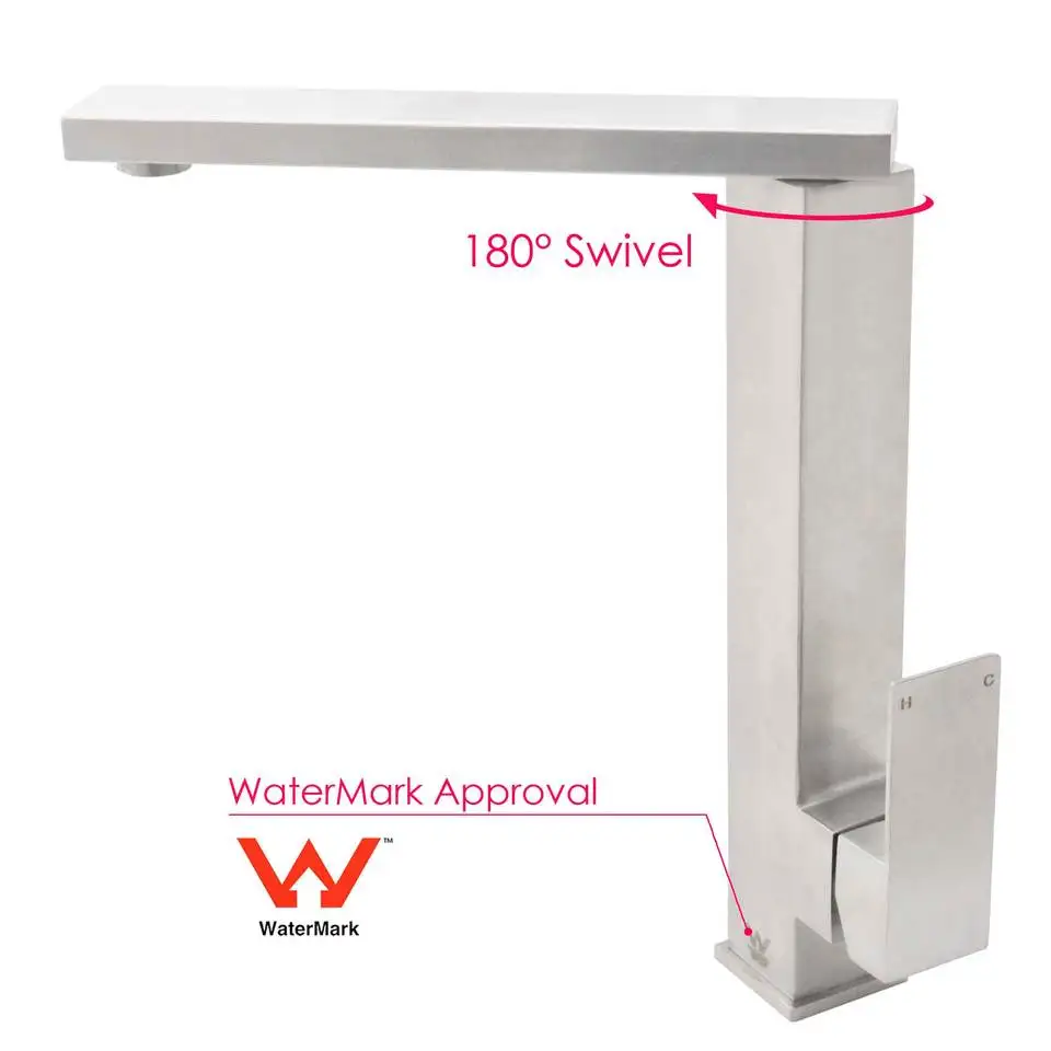 Factory Supply Watermark Certification Wels Brushed Stainless Steel Square Swivel Single Lever Sink Tap Lead Free Kitchen Faucet