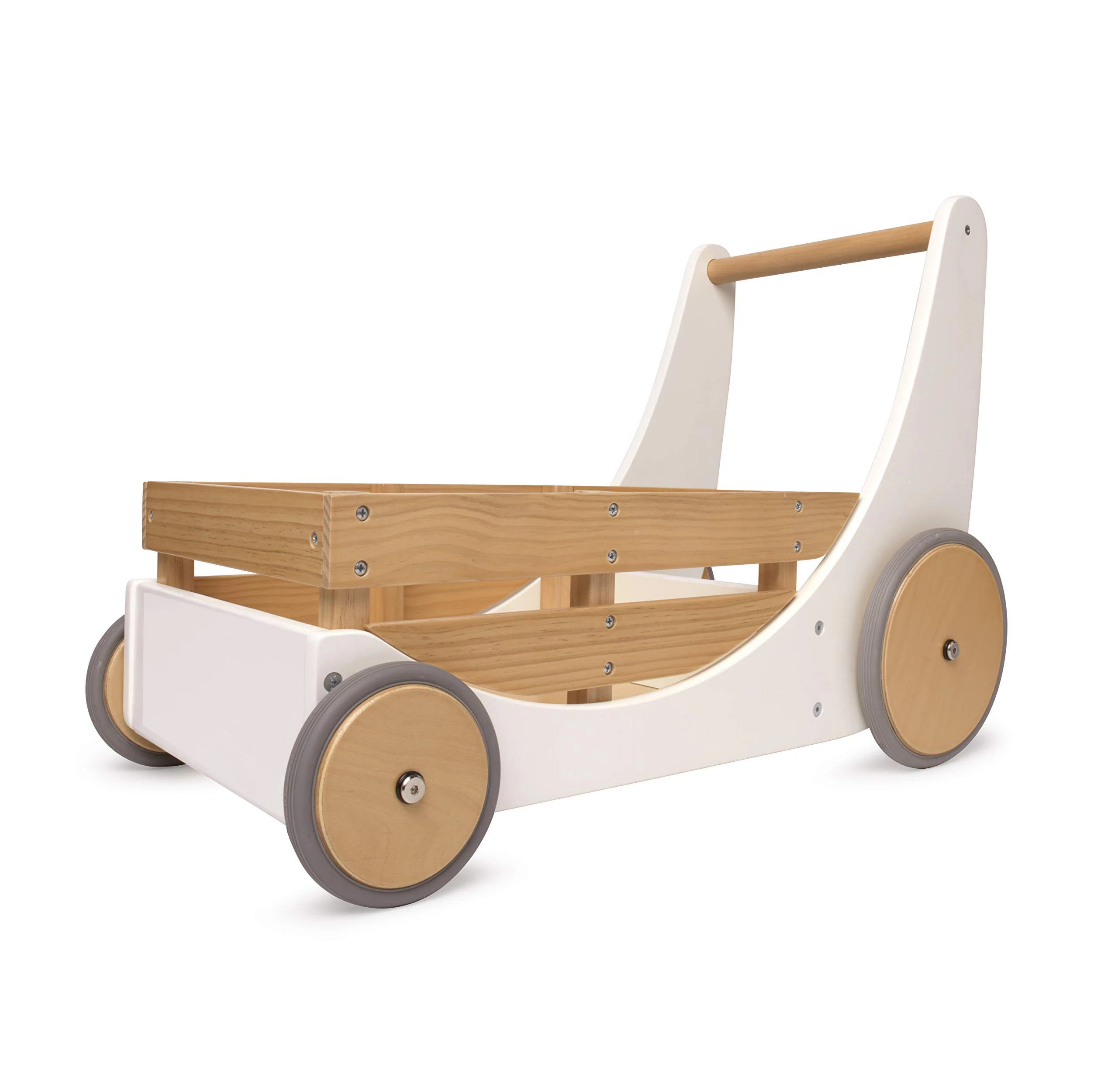 Early Educational Walk 2-in-1 Wooden Cart Push and Pull Baby Walker with Adjustable Rubber Wheels and Removable Basket for kids