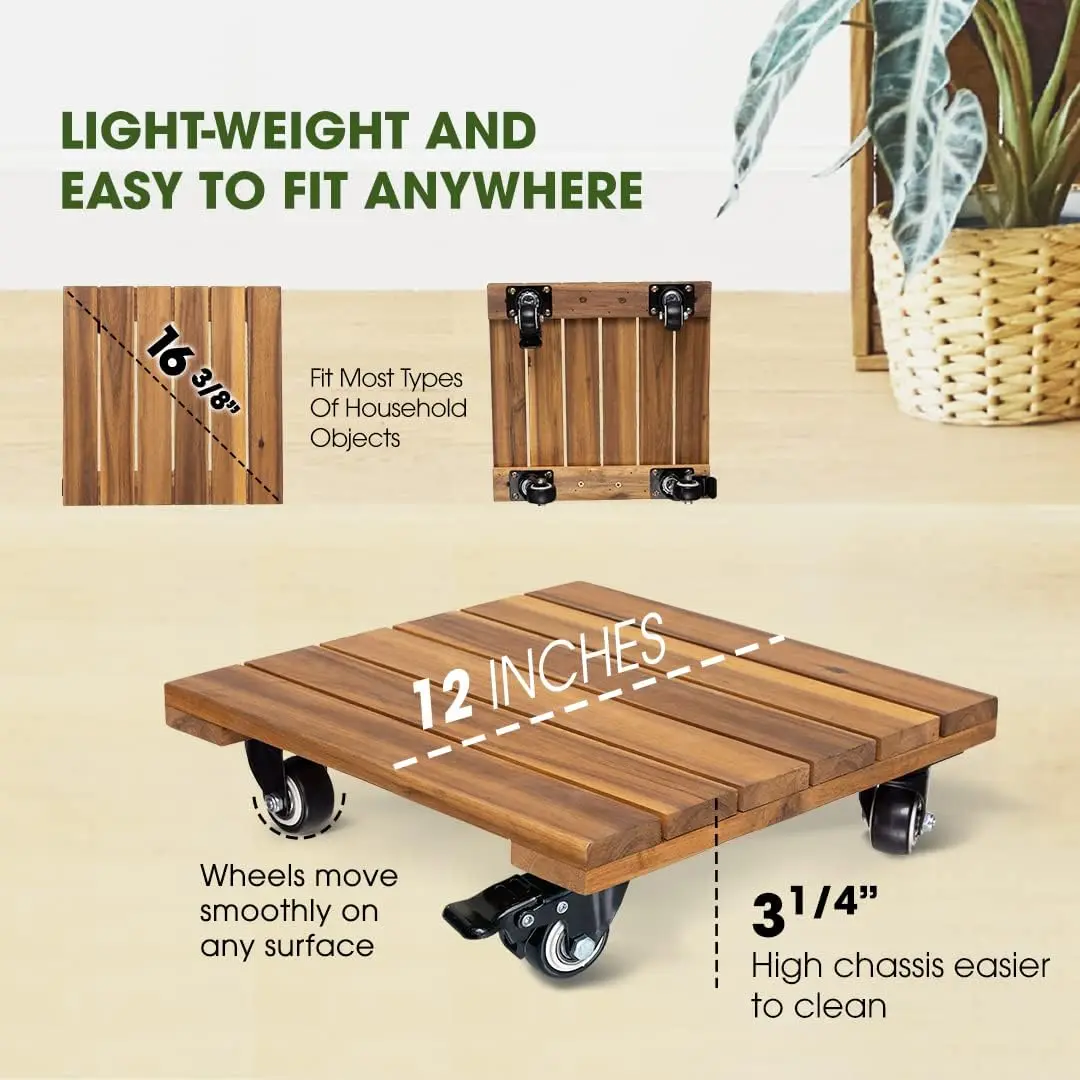12 Inch Acacia Hardwood Plant Dolly, Plant Stand with 360° Lockable Wheels for Plant Pots