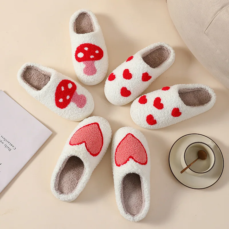 Custom Cartoon Logo Design Fluffy Comfy Adult Flat Bedroom Home Thermal Plush Slippers For Man Woman