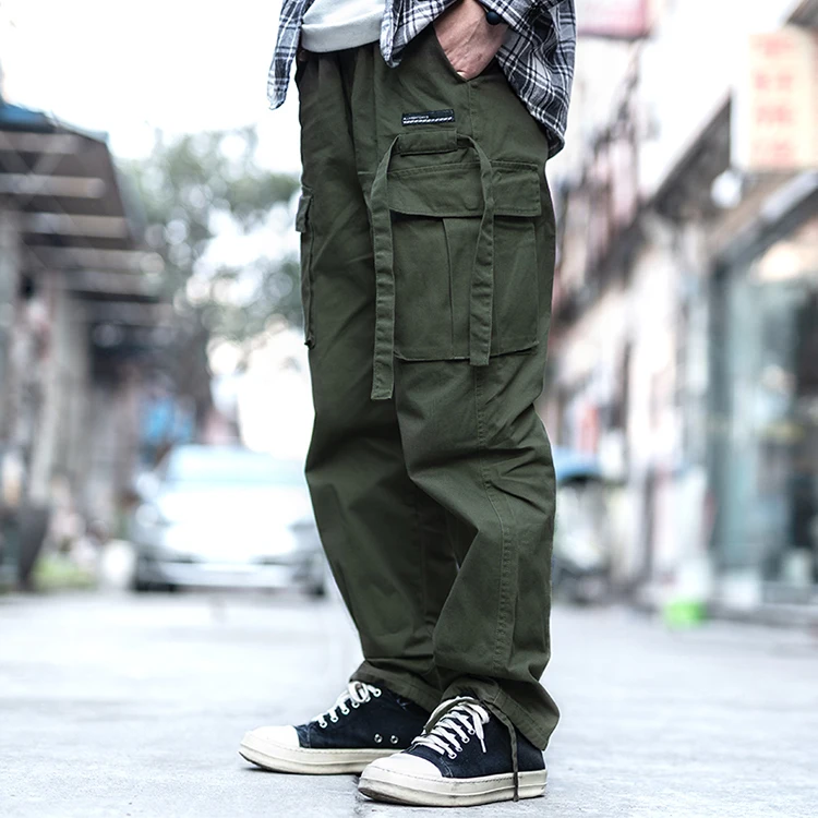 Mens hot selling casual vintage hip hop wide leg straight trousers autumn army green webbing cotton baggy cargo pants