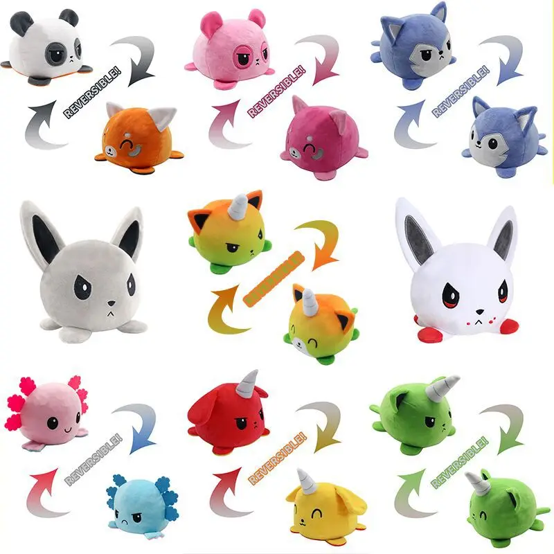 Wholesale Cute animal plush reversible flip dog rabbit panda happy sad double-sided plush toy