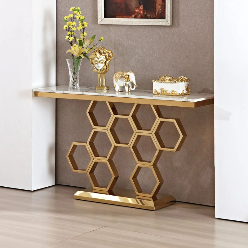 2021 Latest new design Nordic style wrought stainless steel legs white black marble top gold frame legs console tables
