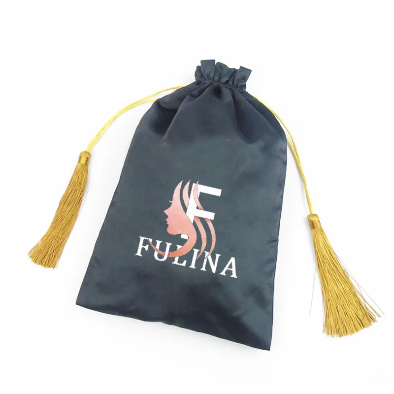 Wholesale drawstring gift silk satin pouch hair extension packaging black satin bag with customized logo