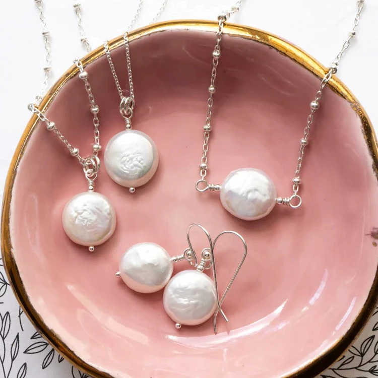 Luxury sterling silver single white coin water fresh pearl necklace for gift