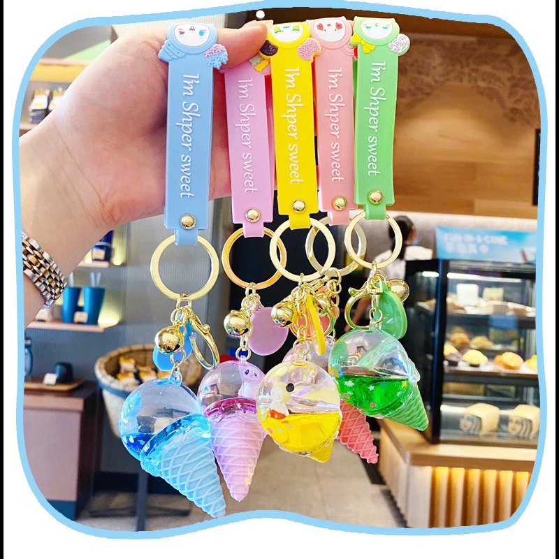 Ice Cream Liquid Keychain Floating Liquid Acrylic Keychain Gift Store Kawaii Girl 50 Zinc Alloy Digital Printing 1pcs/opp Bag