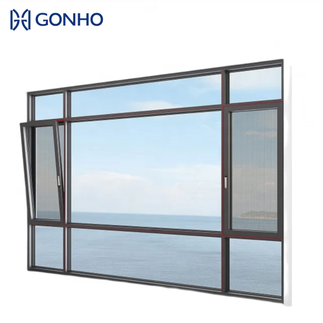 GONHO Facades Thermal Break Double Glazing Soundproof Single Leaf Fiberglass Storm Proof Black Aluminum Casement Windows