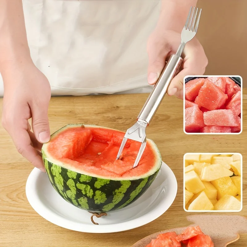 ANJUKE Multifunctional Stainless Steel Tool for Watermelon Slicing and Serving Watermelon Cutter with Fork