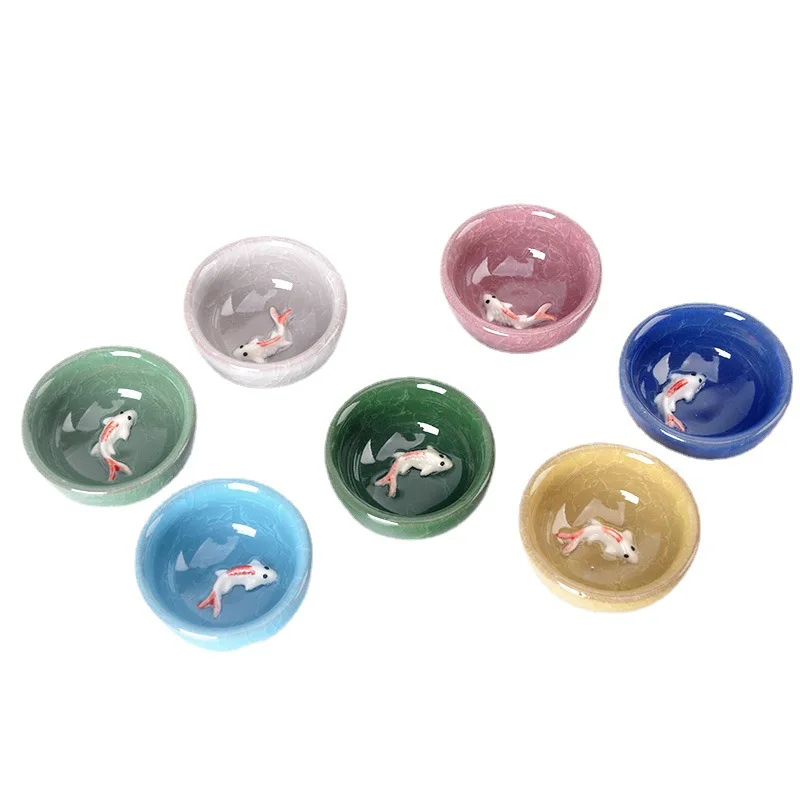 Custom Logo Ice Cracked Glazed  Tea Cup Fish Ceramic Tea Cup