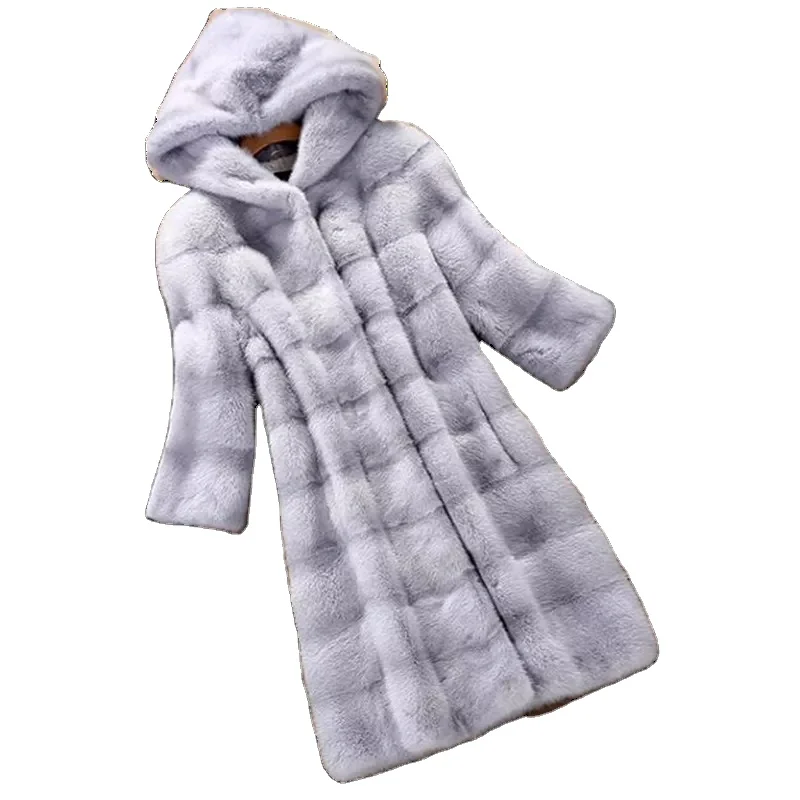 Fashion Winter Women Faux Fur Warm Hooded Coat Striped Mink Fur Jacket for Women
