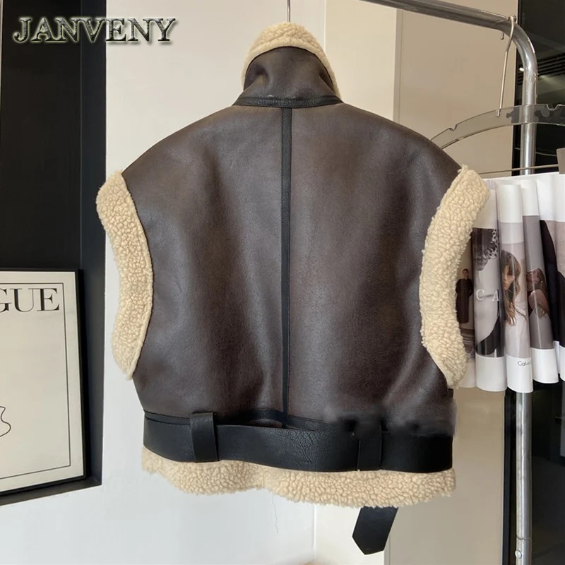JANVENY 2024 New Winter Autumn Faux Shearling Short Waistcoat Women Lapel Collar Solid Zipper Brown Cropped Sleeveless Vest