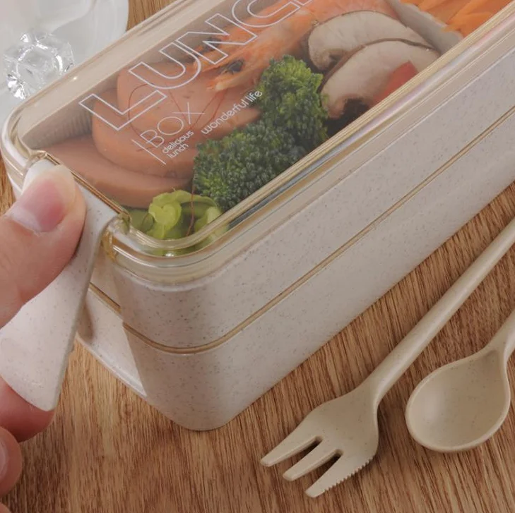 Microwave Safe Biodegradable compartments double layer wheat straw wheat fiber lunch box with cutlery
