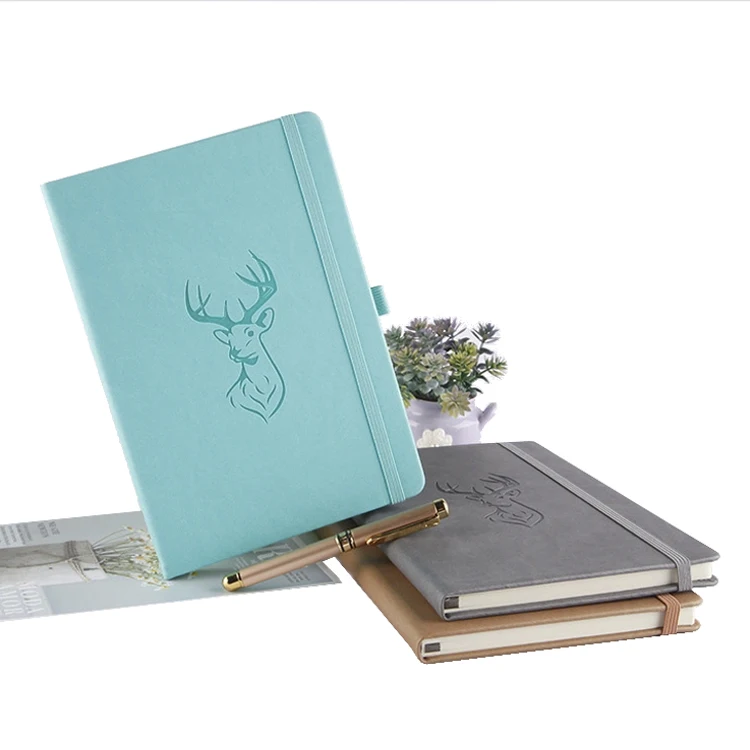 School supplier new design emboss cover color PU leather notebook with elastic band and penholder