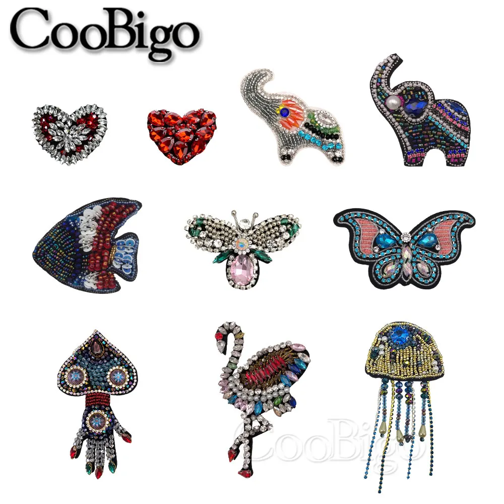 50pcs Rhinestone Beaded Patches Clothes DIY Handmade Crystal Heart Animal Parch Sewing on Sequins Applique Bag Decorative