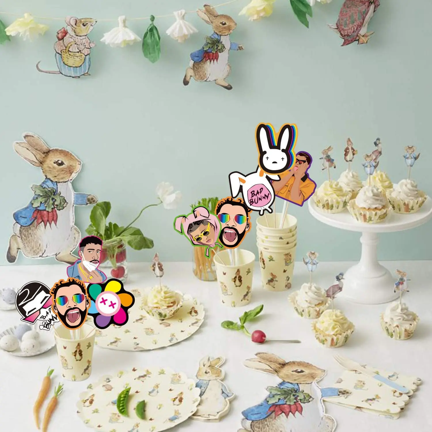 30Pcs Bad Bunny Paper Card  Table Toppers Paper Music Character Themed Birthday Party Favor Decorations