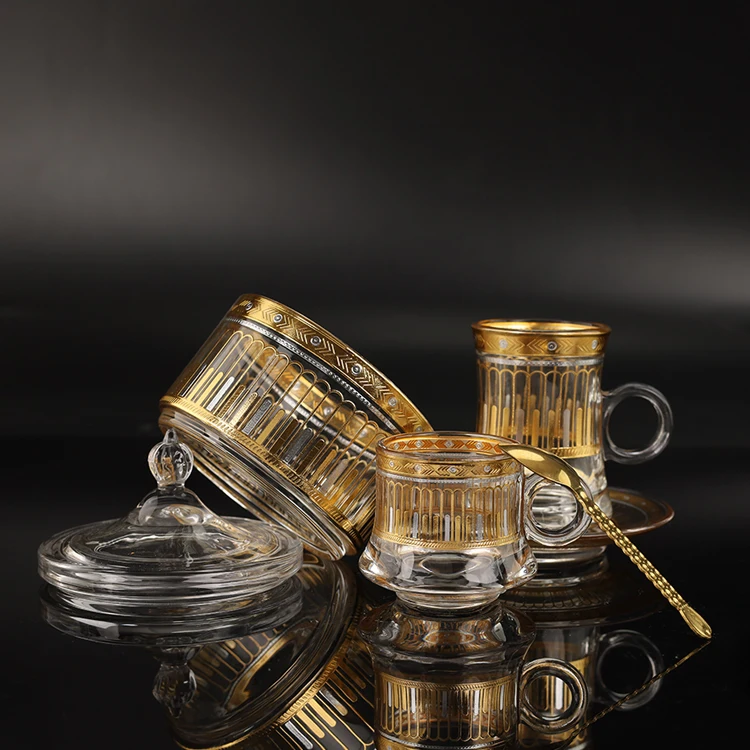 Wholesale 26 pcs reusable arabic coffee cup glass tea cups  sets with sugar pot