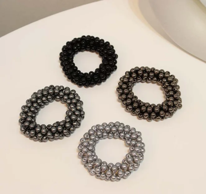 Handmade Crochet Candy White Full Crystal Pearls Ponytail Scrunchies Ties Elastic Rubber Hair Accessories Women Pearl Hair Bands