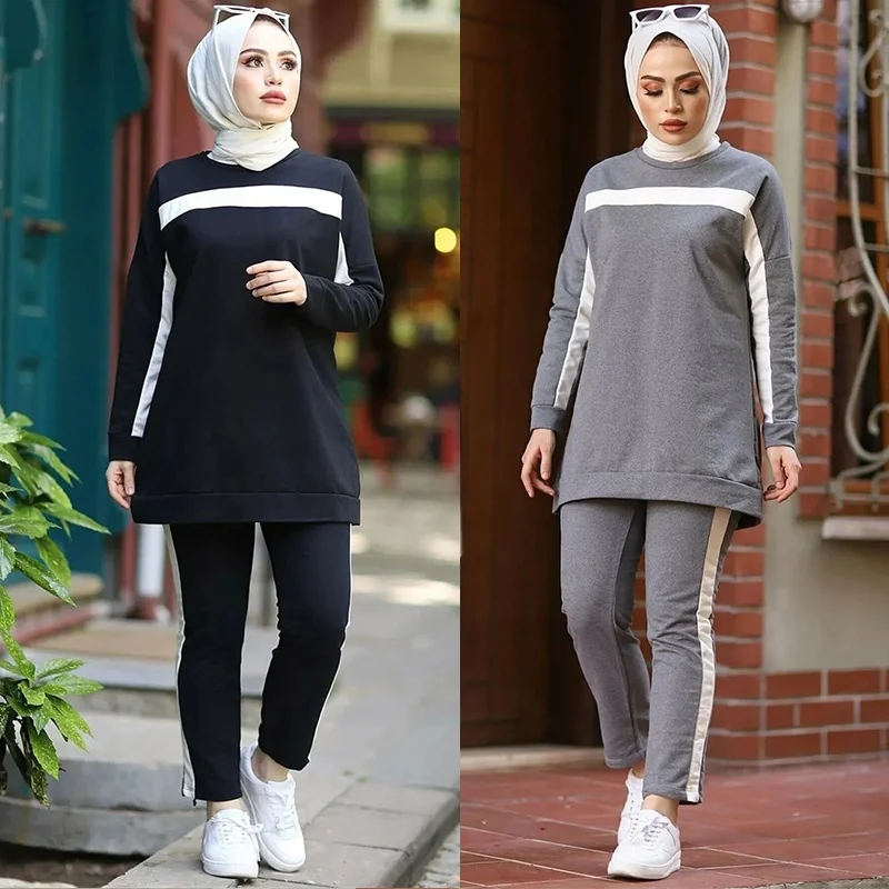 Turkey women muslim tops and pants two piece sets custom casual long sleeve sweatpants crew neck hoodie suits