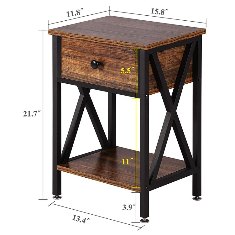Simple Assembly Metal Industrial Design Rustic Brown Nightstand Bedside Table Side Table End Table
