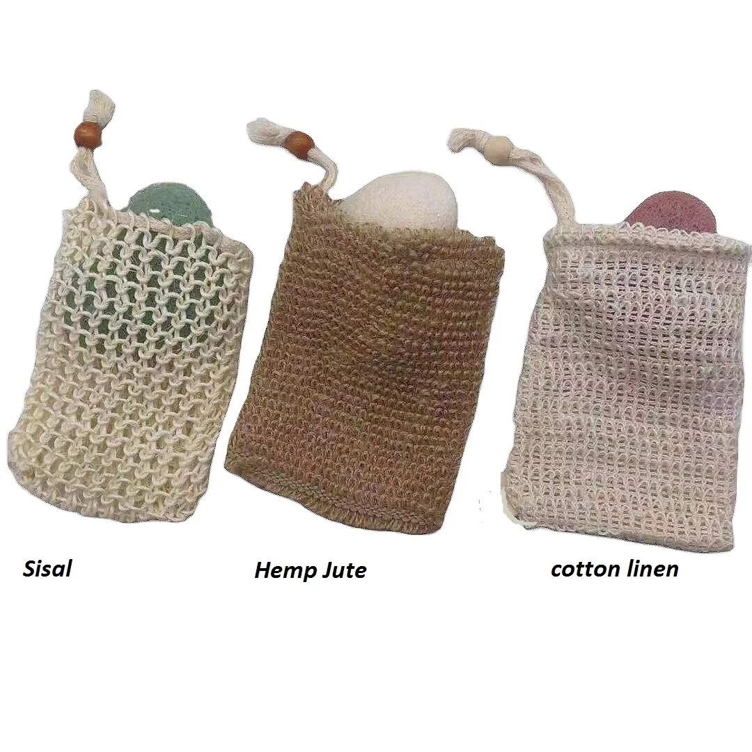 High Quality Natural Drawstring Loofah Exfoliating Bubble Foaming Soap Bag Organic Hand-made Sisal Soap Bag