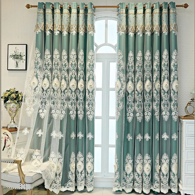 Wholesale Luxury New Style Double Layer Lace Embroidery Blackout Window Curtains for the Living Room and Bedroom