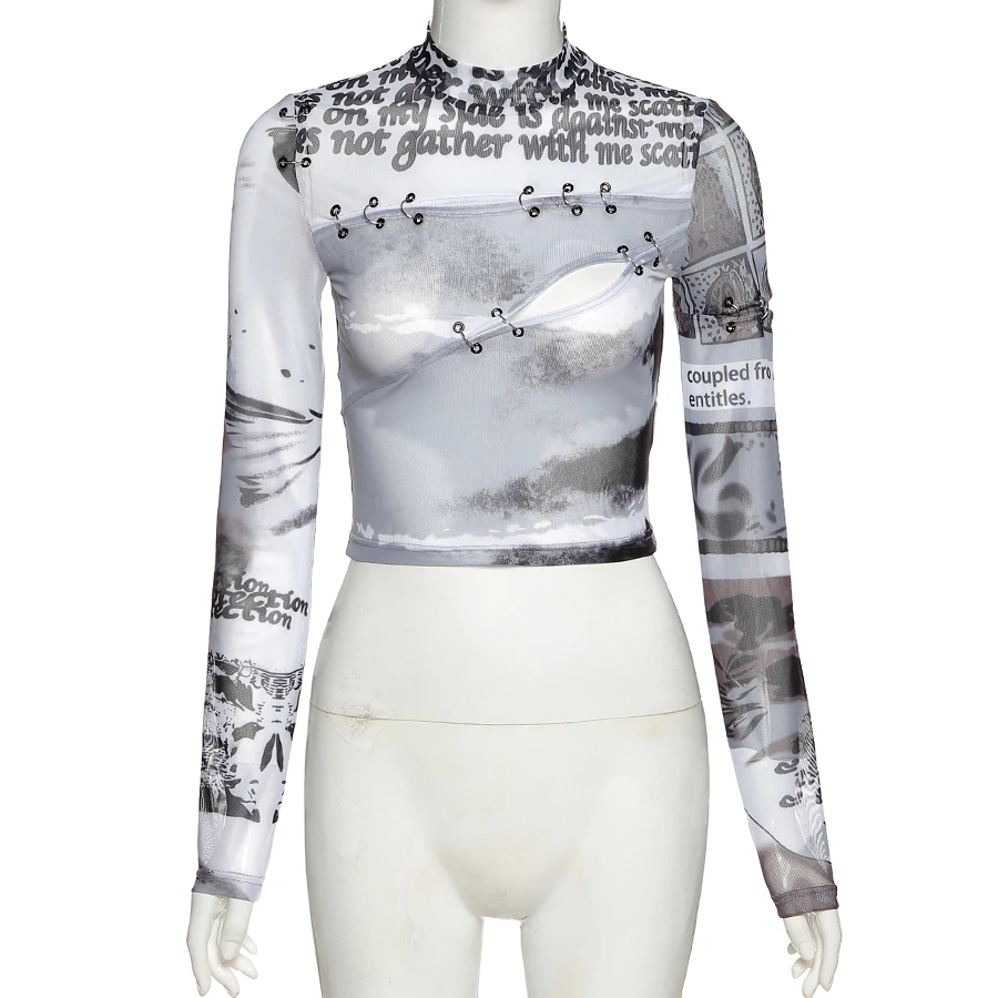  T1738220 Casual Pullover Chic Letter Graphic Half High Neck Hollow Crop Top See Through Harajuku Street Y2k T-Shirt Women