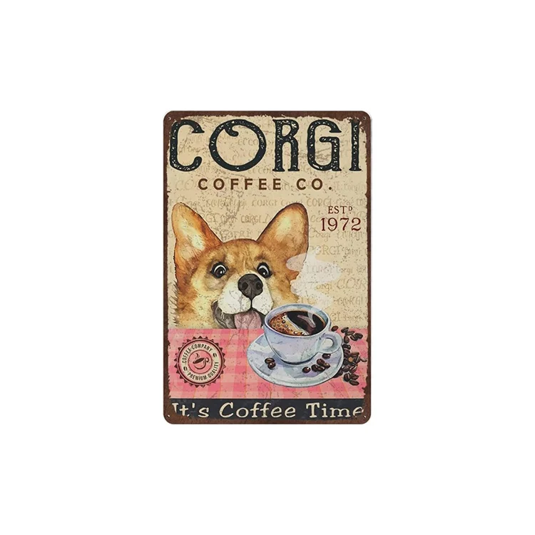 New Trend Custom Dog Themed Tin Signs Lovely Corgi Coffee Time For Home Decor Tin Signs Vintage Retro Dogs