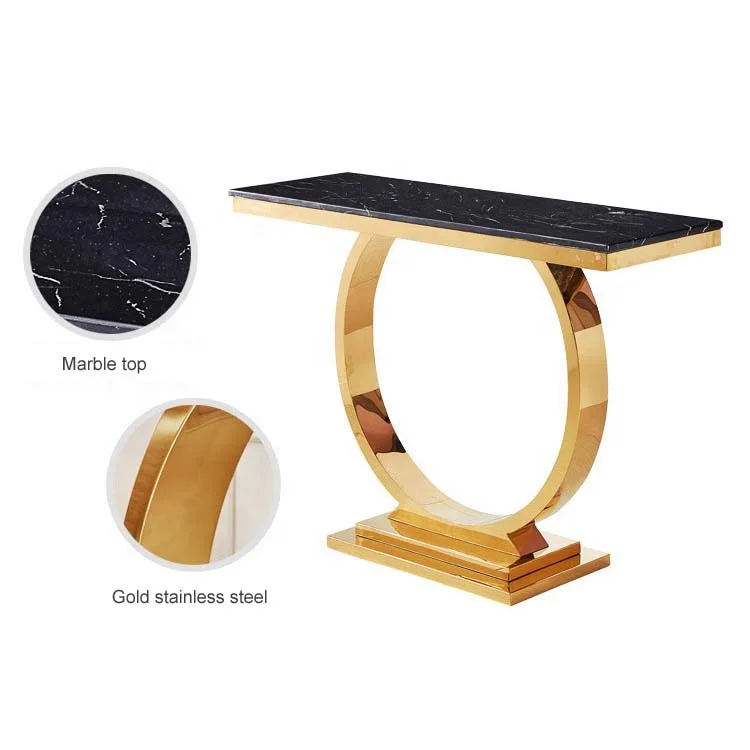 Luxury stainless steel console table set marble top for living room furniture side table