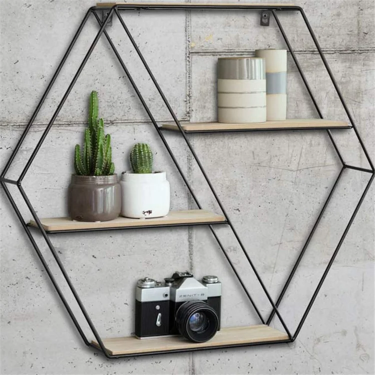 Wholesale High Quality Hexagon Metal And Wooden Wall Mount Hanging Shelf For Living Room