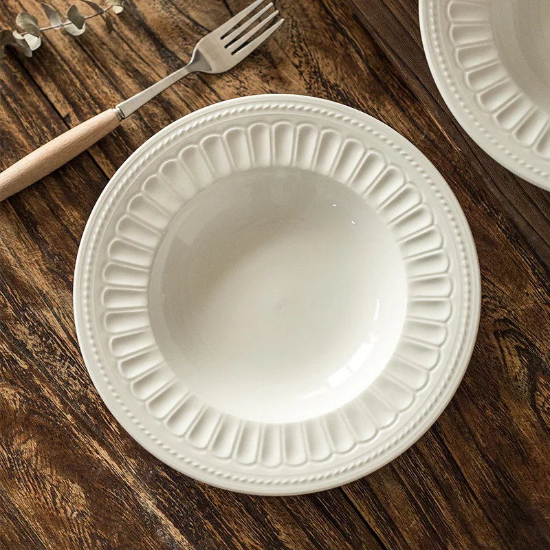 Factory price simple white plates sets turkish clay dinnerware set embossed fine bone ceramic tableware