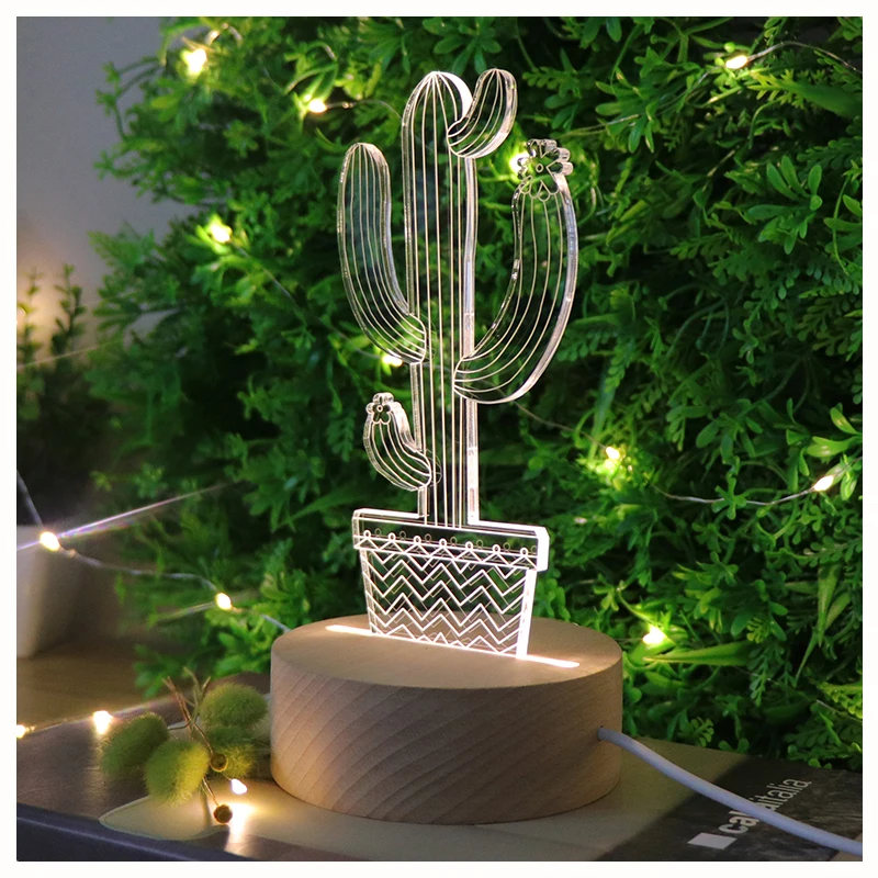 Special Plant Shaped LED Acrylic Table Lamp With USB Plug Wooden Base Night Light for Home Bedroom Decorations