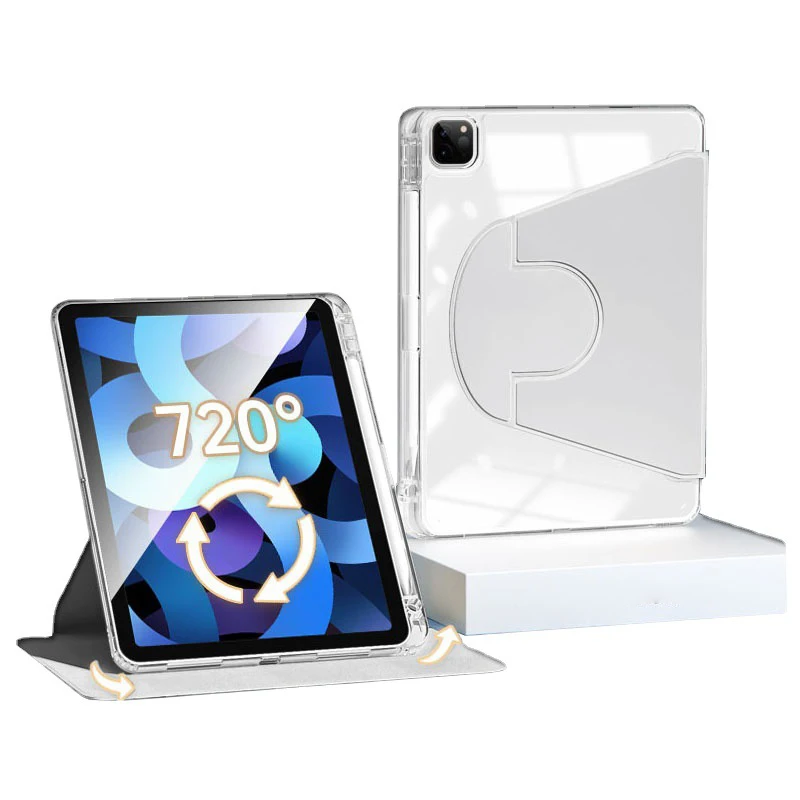 Transparent Acrylic Silicone  Leather case For iPad 10.2 7th 8th 9th Flip Tablet Case with Pen Slot Rotation Magnetic Kickstand