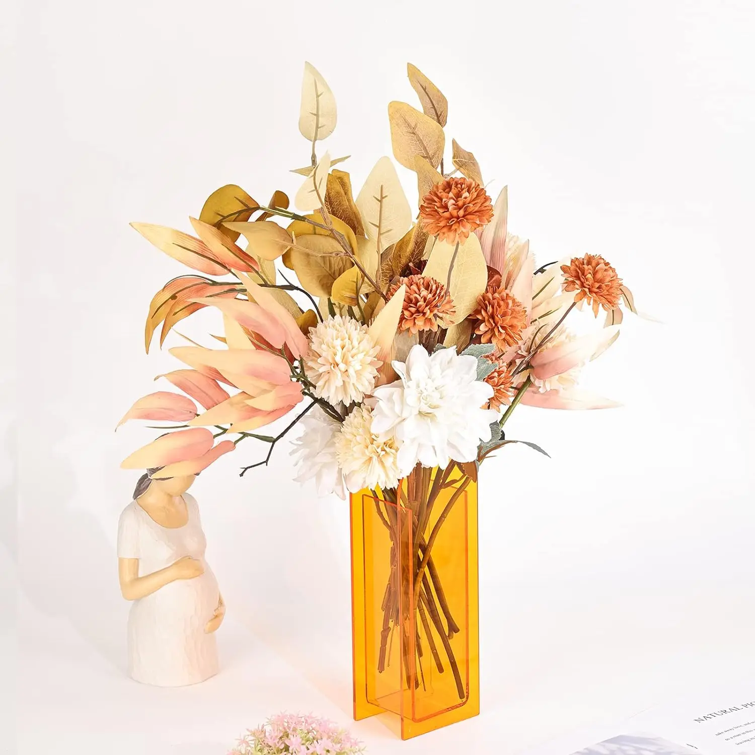 Modern Orange Geometric Acrylic Flower Vase Wide-Mouth Small Tabletop Bud Vase with Orange Flowers for Desk Centerpieces