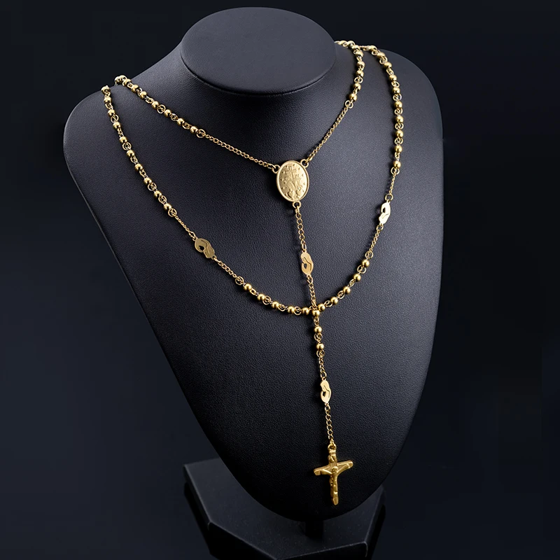 Stainless Steel Catholic Rosary Necklace Gold Plated Bead Jesus Crucifix Cross Virgin Mary Christian Jewelry