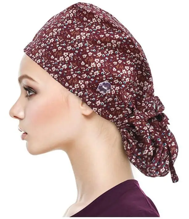 Best Quality Solid Color Satin Embroidered Hat For Long Short Hair Vets Nurse Doctor Surgical Scrub Caps With Bow Tie