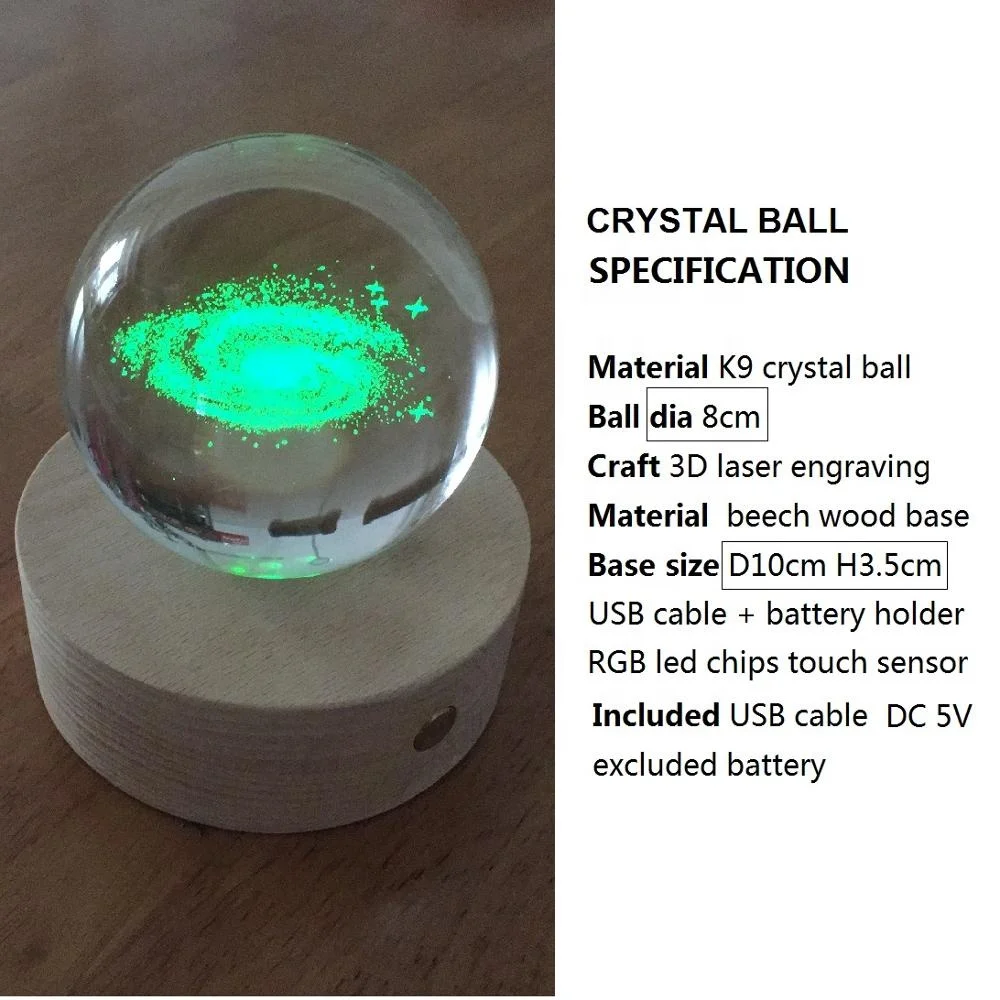 Solar System 80mm Crystal Ball Night Light Home and Office Decor Wood Base Planet Crazy 3D Ball Lamp