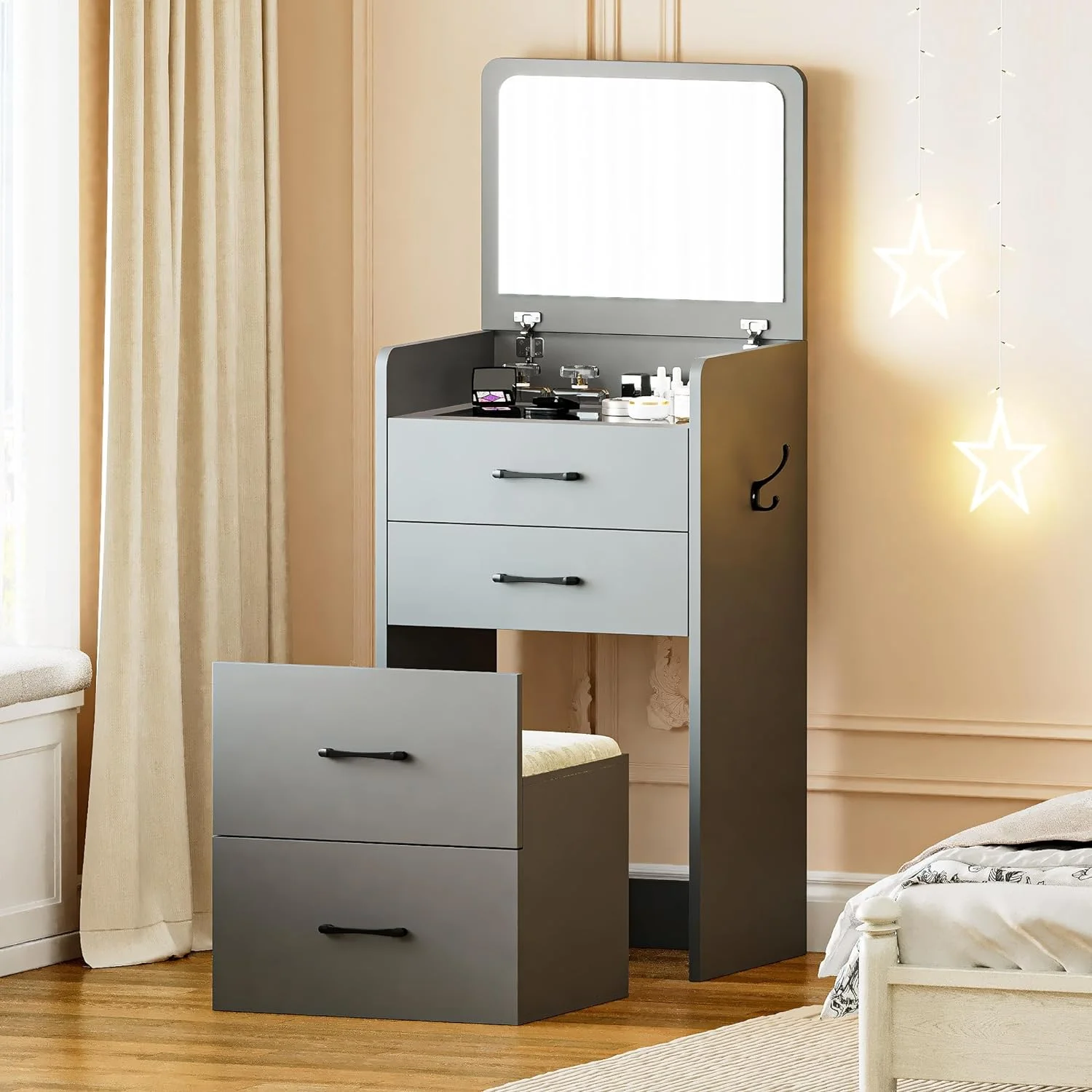 3 in 1 small Vanity Desk with flip Top Mirror Glass Desktop Cushion Tool Dressing Table for Bedroom 3 Drawers