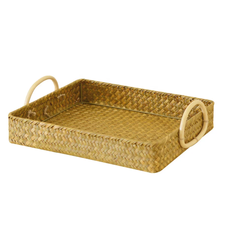 Hot Sale Hotel Washing Handmade Pastoral Style Desktop Sundries Storage Basket Rattan Handle Sea Weed Woven Storage Tray