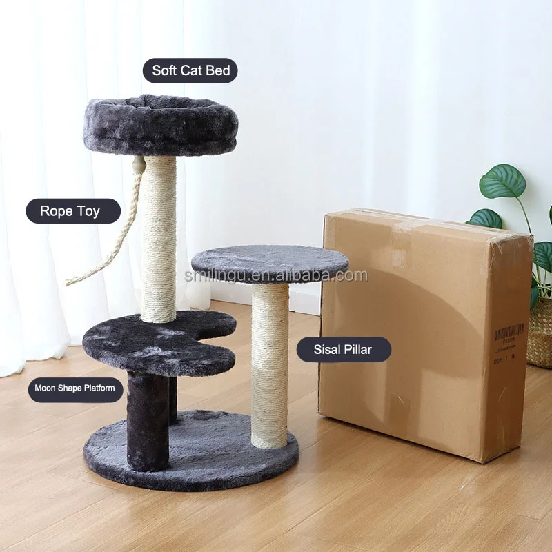 2ft Heighth 4-Storey Beige Plush Fabric Sisal Pillar Cat Scratching Post with a Bed