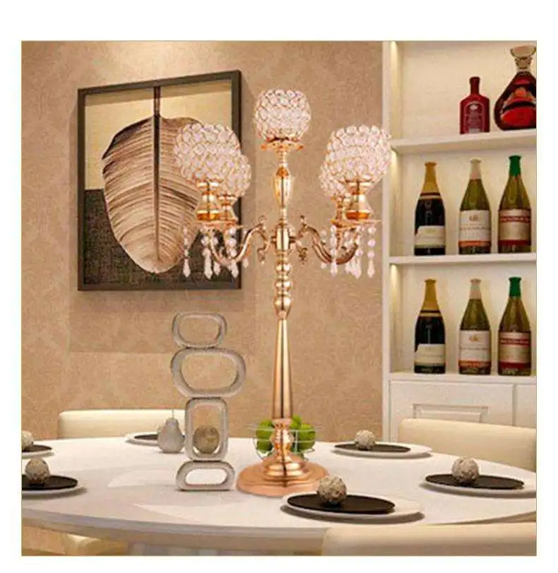 Gold Metal Crystal Candlesticks 5 Arms Crystal Candelabra For Tealight Candles Holders Classic Wedding Party Table Centerpieces