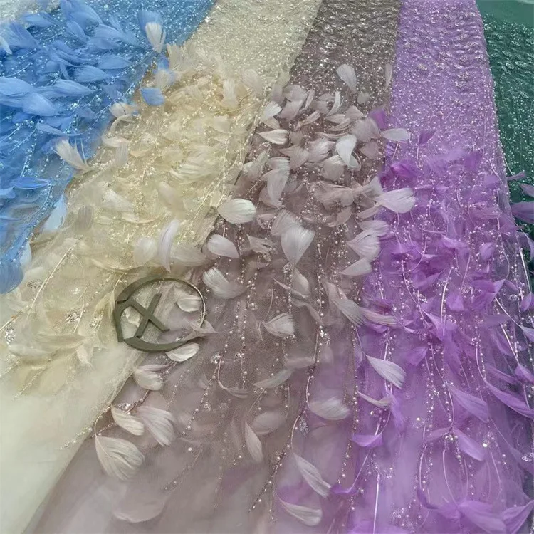 DS Factory Wholesale Feather Beads Sequin Embroidered Mesh Wedding Dress Fairy Dress Fabric